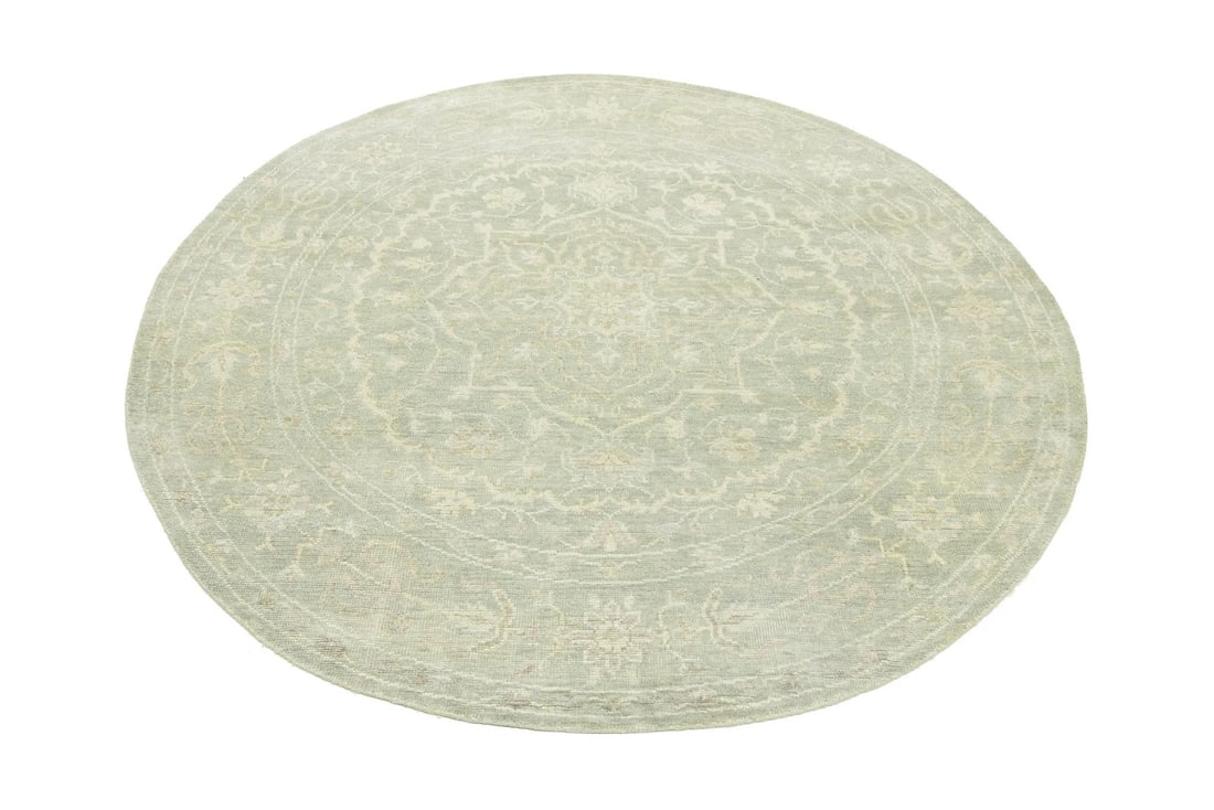 Hand-Knotted Floral Round Rug 5'11 Modern Wool Transitional Design: Hand-Knotted Floral Round Rug 5'11 Modern Wool Transitional Design Enhance your living space with this Distressed Floral Transitional Round Rug, perfect for a variety of rooms including the bathroom,