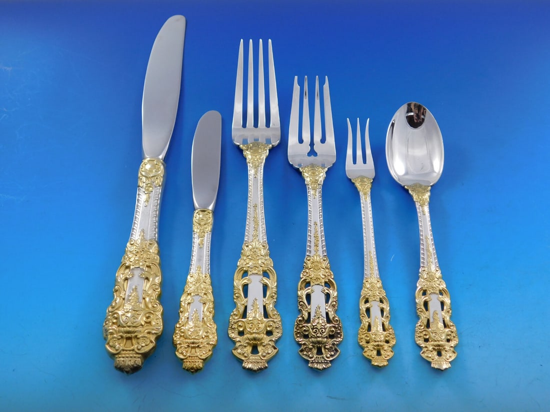 Gorham Golden Crown Baroque Sterling Silver Flatware Set 53 Pieces: Gorham Golden Crown Baroque Sterling Silver Flatware Set 53 Pieces Elevate your dining experience with the Golden Crown Baroque flatware set by Gorham, featuring a stunning blend of sterling silver wi