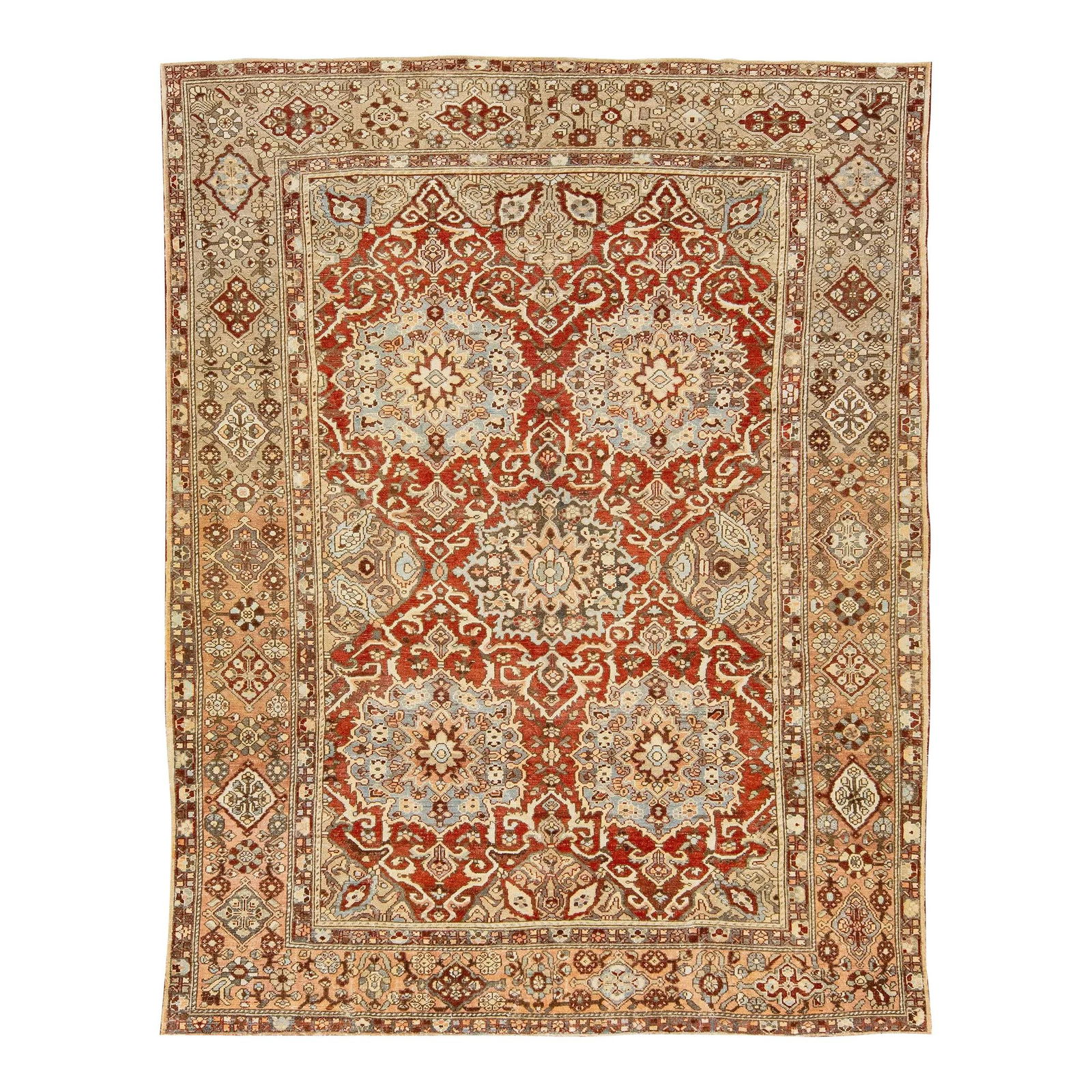 Antique Bakhtiari Wool Rug Red-Rust Rosette Design 9'7 x 12'2: Antique Bakhtiari Wool Rug Red-Rust Rosette Design 9'7 x 12'2 This stunning antique Bakhtiari rug showcases exquisite hand-knotting with a rich red-rust color field. It features a classic rosette desi