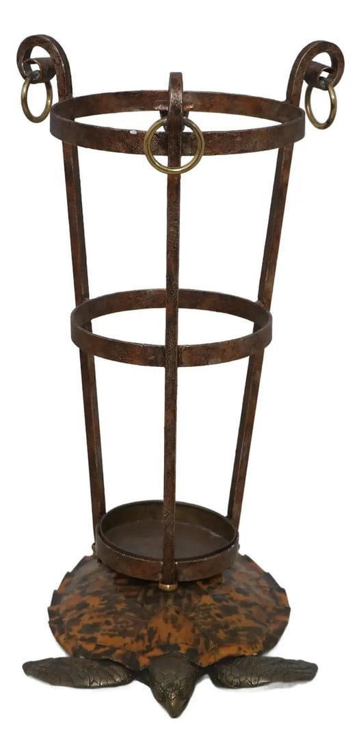 Maitland Smith Bronze Turtle Base Umbrella Stand 16 x 16 x 27: Maitland Smith Bronze Turtle Base Umbrella Stand 16 x 16 x 27 This exquisite umbrella stand features a bronze turtle base, beautifully complemented by a scrolled iron top adorned with brass rings. Cra