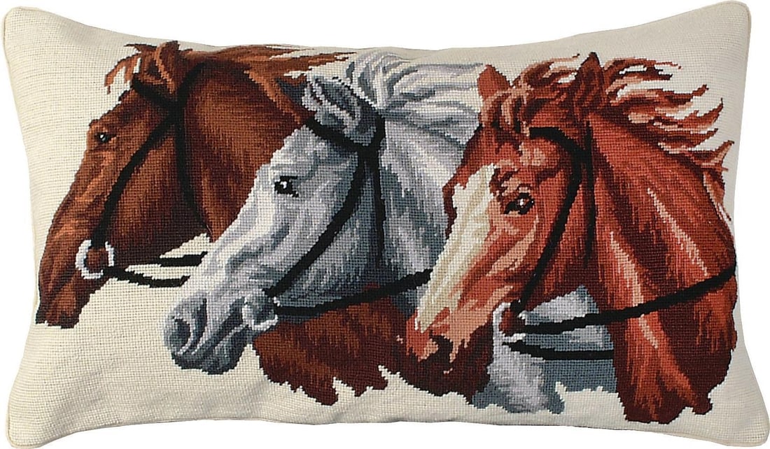 Rustic Equestrian Trio Horses Decorative Pillow 16x28: Rustic Equestrian Trio Horses Decorative Pillow 16x28 Enhance your home decor with this Rustic Farmhouse Trio Horses Pillow, featuring a charming equestrian design. Made from a luxurious blend of 100%