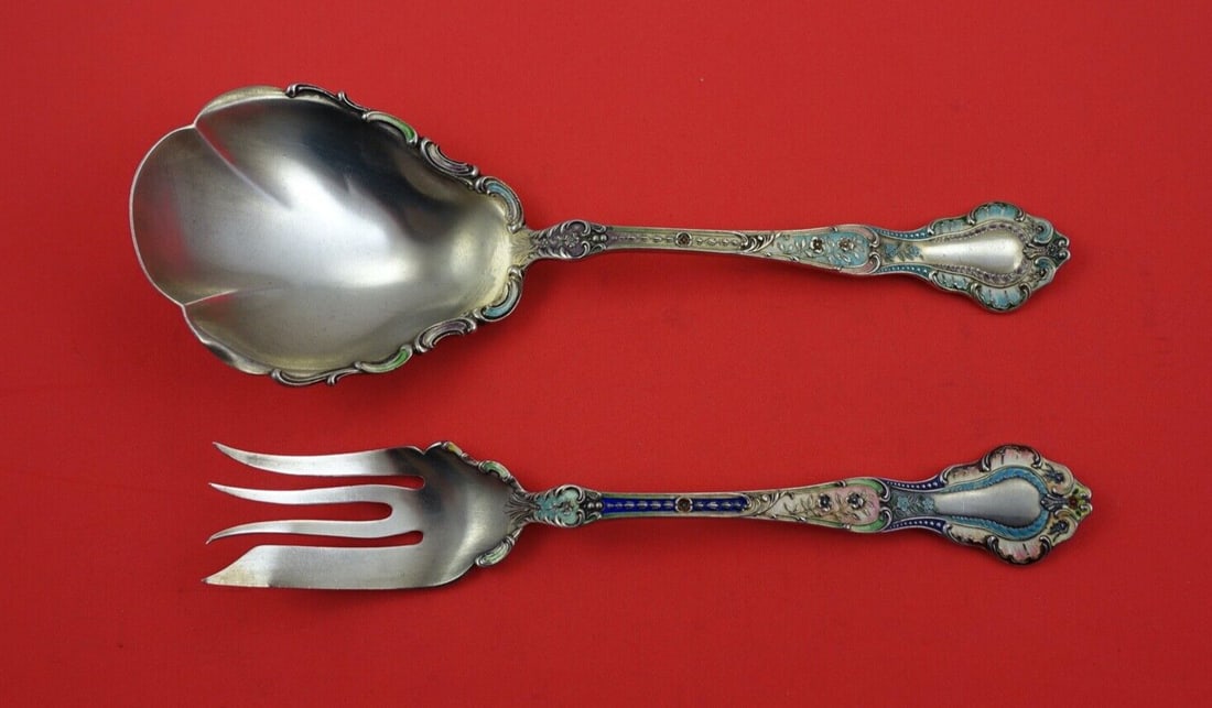 Gorham Louis XVI Sterling Silver Salad Serving Set Enameled Spoon 9 1/4": Gorham Louis XVI Sterling Silver Salad Serving Set Enameled Spoon 9 1/4" This Louis XVI salad serving set by Gorham features exquisite craftsmanship in sterling silver. The set includes a gold washed