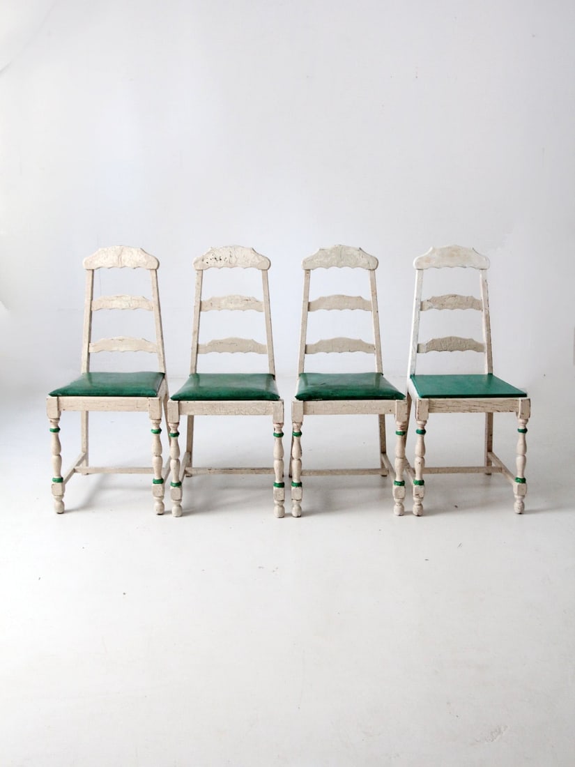Charming Vintage Set of 4 Rustic Ladder-Back Dining Chairs: Charming Vintage Set of 4 Rustic Ladder-Back Dining Chairs Enhance your dining experience with this charming set of four mid 20th century vintage dining chairs. Crafted from cream rustic wood, these l