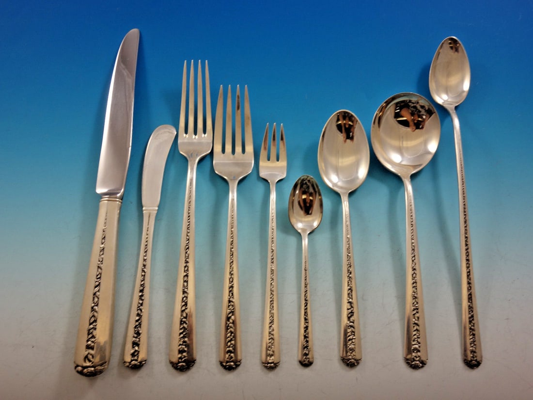 Towle Sterling Silver Rambler Rose Flatware Set for 12 124 Pieces with Storage Chest: Towle Sterling Silver Rambler Rose Flatware Set for 12 124 Pieces with Storage Chest Discover the elegance of the Rambler Rose Sterling Silver Flatware Set by Towle, designed for 12 service and compri