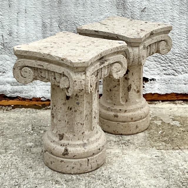 Set of 2 Vintage Boho Carved Sandstone Dining Table Pedestals: Set of 2 Vintage Boho Carved Sandstone Dining Table Pedestals Elevate your dining space with this exquisite set of 2 Vintage Boho Carved Sandstone Dining Table Pedestals. Crafted from durable sandston