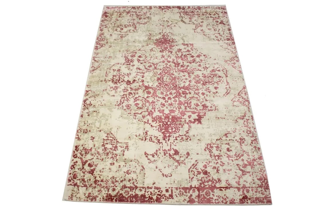 Hand-Loomed Wool and Bamboo Silk Modern Floral Area Rug 4'10 x 7'10: Hand-Loomed Wool and Bamboo Silk Modern Floral Area Rug 4'10 x 7'10 This contemporary area rug features a modern floral pattern in beige, cream, and red bluff tones. Hand-loomed using a blend of wool