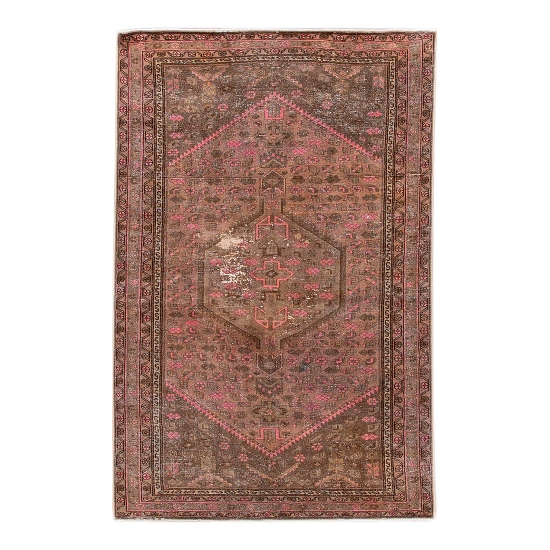 Vintage Handmade Persian Floral Wool Rug 4'3 x 6'8 Distressed: Vintage Handmade Persian Floral Wool Rug 4'3 x 6'8 Distressed This beautiful vintage distressed hand-knotted wool rug features a rich brown field adorned with pink accents in a stunning all-over medal