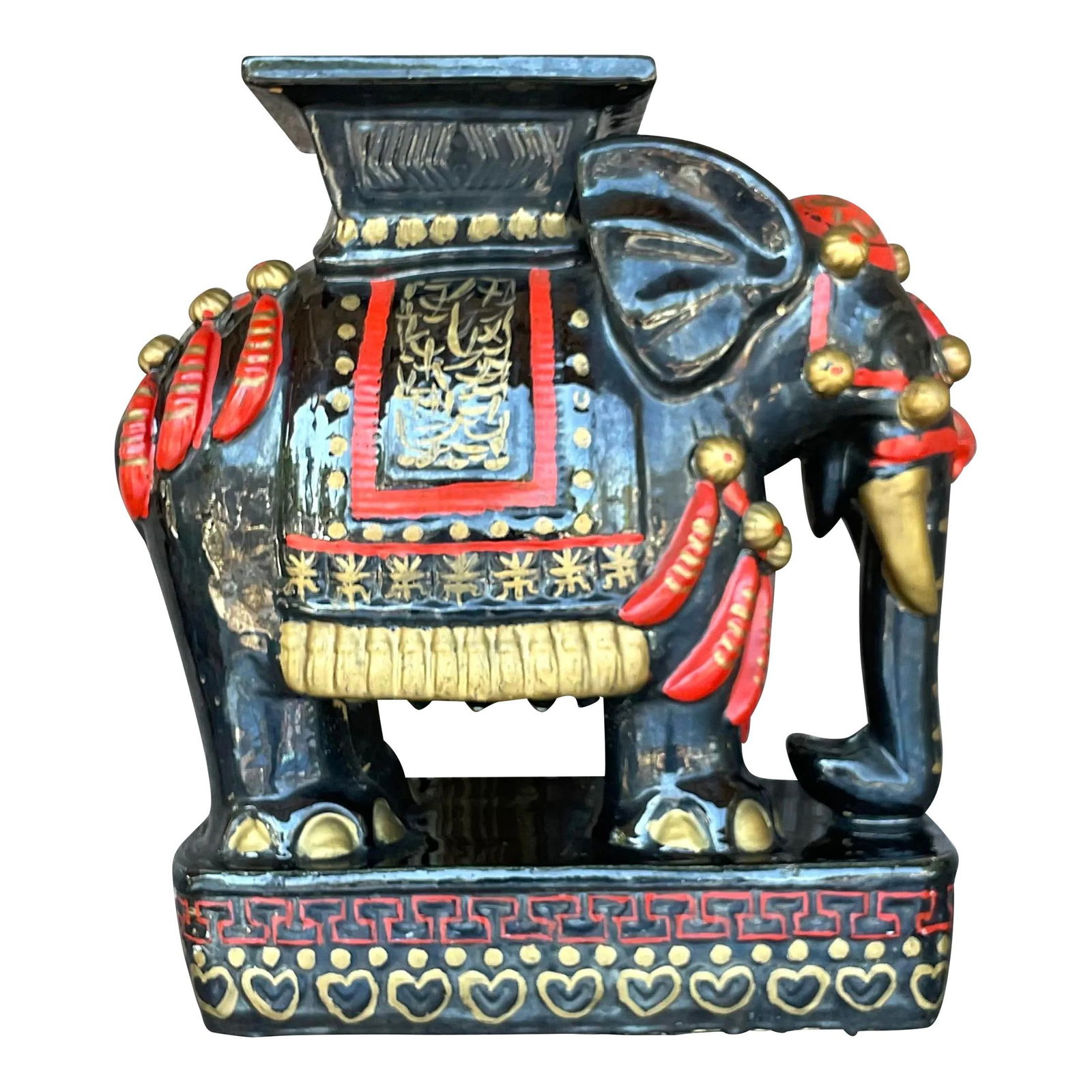 Vintage Boho Ceramic Elephant Low Stool Black Glaze 21.5H: Vintage Boho Ceramic Elephant Low Stool Black Glaze 21.5H Add a touch of eclectic charm to your home with this Vintage Boho Glazed Ceramic Elephant Low Stool. The vibrant glaze and whimsical design ma