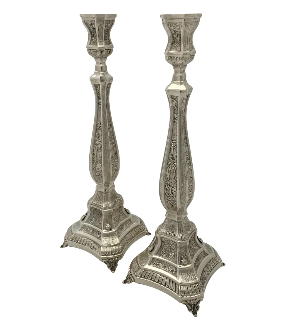 Handmade 925 Sterling Silver Leaf Applique Ornate Candlesticks 15 Inches: Handmade 925 Sterling Silver Leaf Applique Ornate Candlesticks 15 Inches Illuminate your space with these exquisite handmade 925 sterling silver candlesticks, featuring intricate leaf appliques and ch