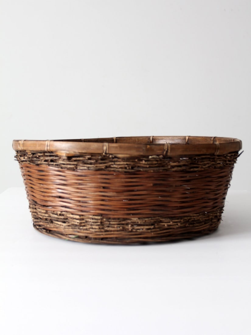 Charming Vintage Woven Reed Basket with Bamboo Rim 18in (1 of 7)