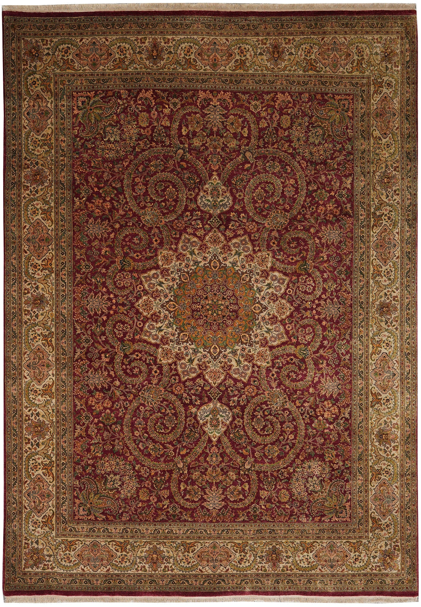 9.1 x 12.3 Hand-Knotted Natural Wool Carpet Burgundy Gold: 9.1 x 12.3 Hand-Knotted Natural Wool Carpet Burgundy Gold Free continental US Shipping Enhance your living space with this exquisite hand-knotted carpet, crafted from quality natural wool. Featuring a