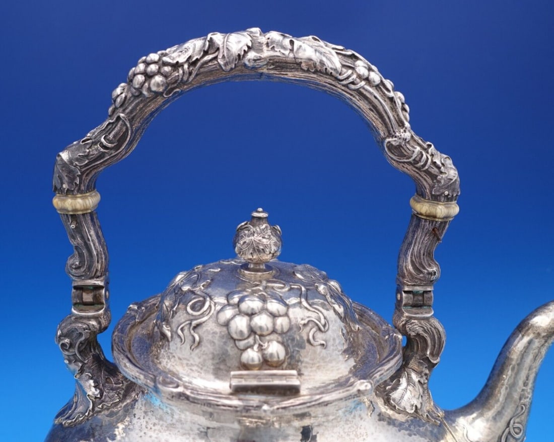 Gorham Modernic Sterling Silver 7pc Tea Set with Silverplate Tray: Gorham Modernic Sterling Silver 7pc Tea Set with Silverplate Tray Presenting an exquisite seven-piece sterling silver tea set by Gorham, crafted in the rare Modernic pattern around 1905. This remarkab