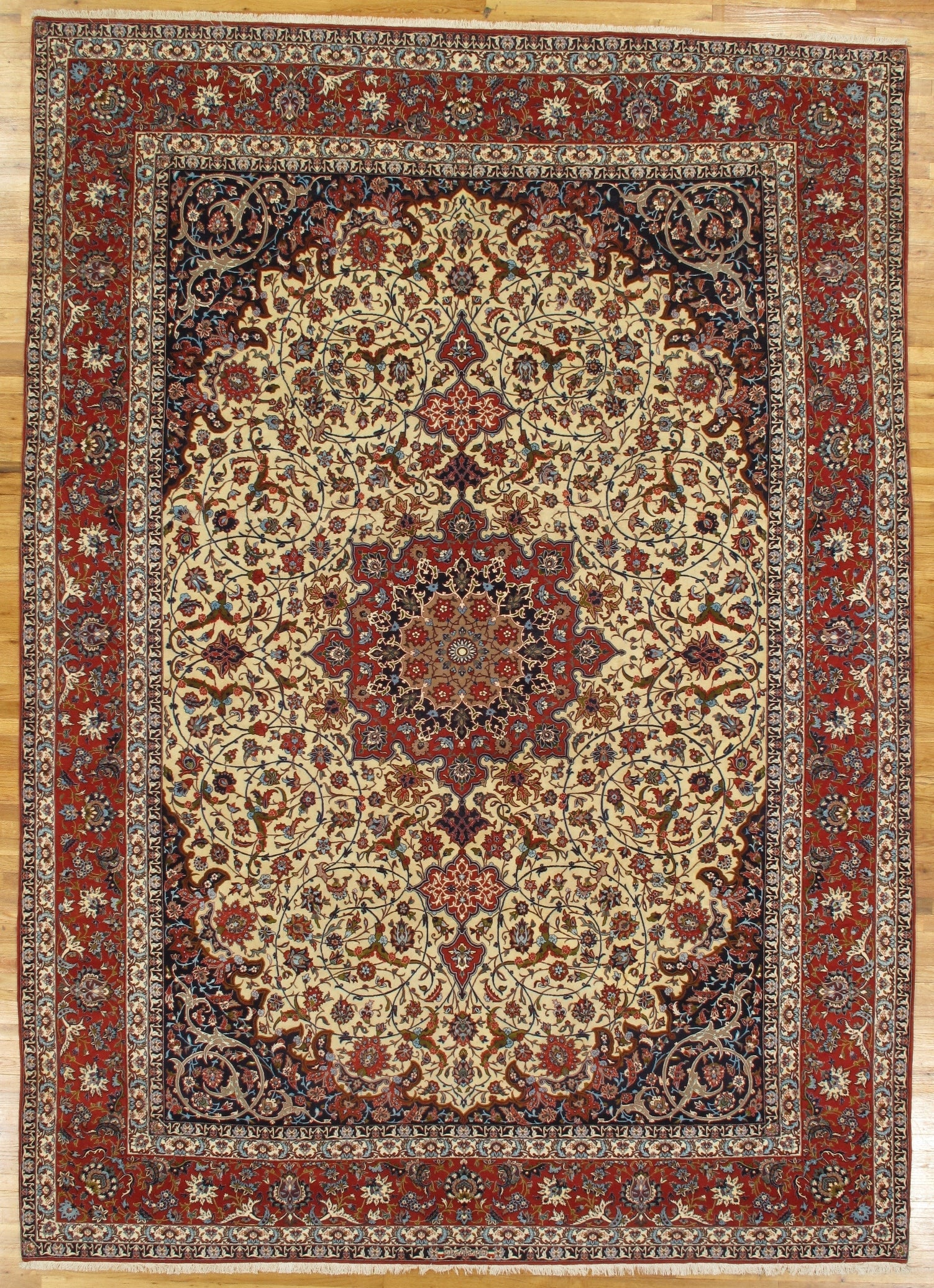 Authentic Persian Esfahan Rug 9.9 x 13.6 Handmade Wool Silk 500 KPSI: Authentic Persian Esfahan Rug 9.9 x 13.6 Handmade Wool Silk 500 KPSI Free continental US Shipping Experience the luxurious elegance of this authentic Persian Esfahan rug, expertly handmade in Iran. Wi