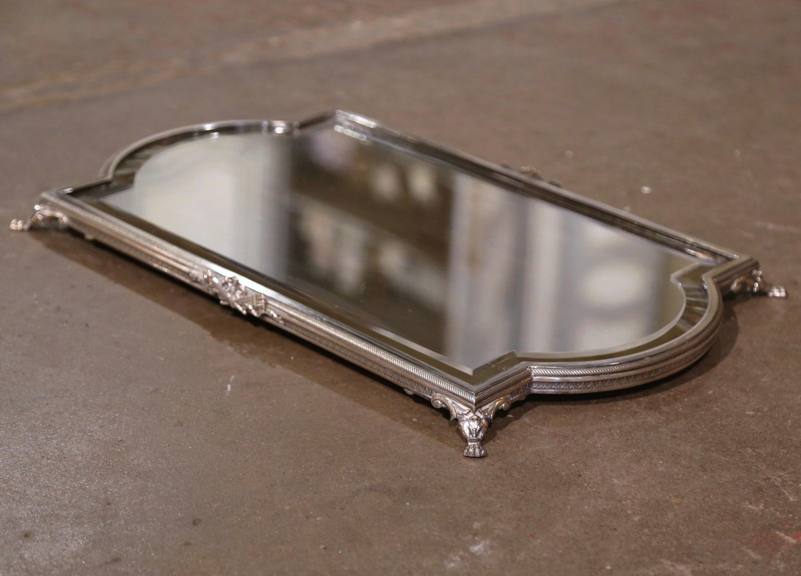 19th Century French Louis XVI Silvered Bronze Mirrored Centerpiece: 19th Century French Louis XVI Silvered Bronze Mirrored Centerpiece Elevate your dining experience with this exquisite 19th Century French Louis XVI Silvered Bronze and Mirrored "Surtout de Table". Cra