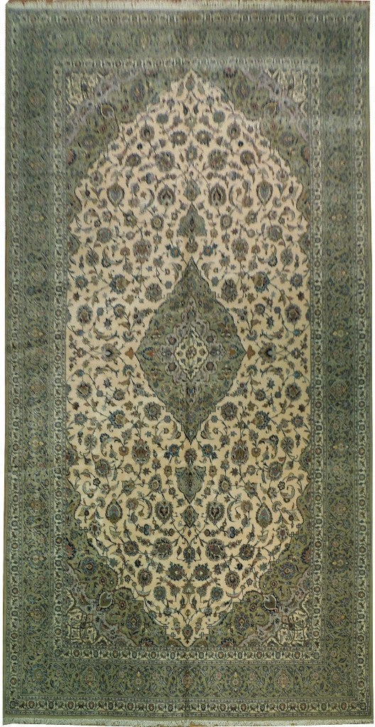 Exquisite 9'10" x 19'5" Signed Greenish Ivory Persian Kashan Rug: Exquisite 9'10" x 19'5" Signed Greenish Ivory Persian Kashan Rug Free continental US Shipping Experience the timeless elegance of this 9' 10" x 19' 5" Signed Greenish Ivory Persian Kashan Rug, meticul