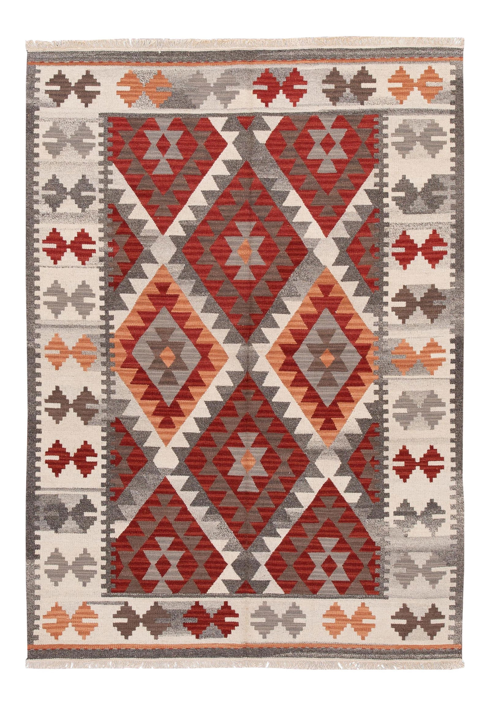 Hand-Woven Modern Kilim Rug Red Ivory Geometric Wool 4'10 X 6'10: Hand-Woven Modern Kilim Rug Red Ivory Geometric Wool 4'10 X 6'10 Enhance your space with this exquisite hand-woven modern Kilim rug, featuring a vibrant red field complemented by an ivory frame and mu