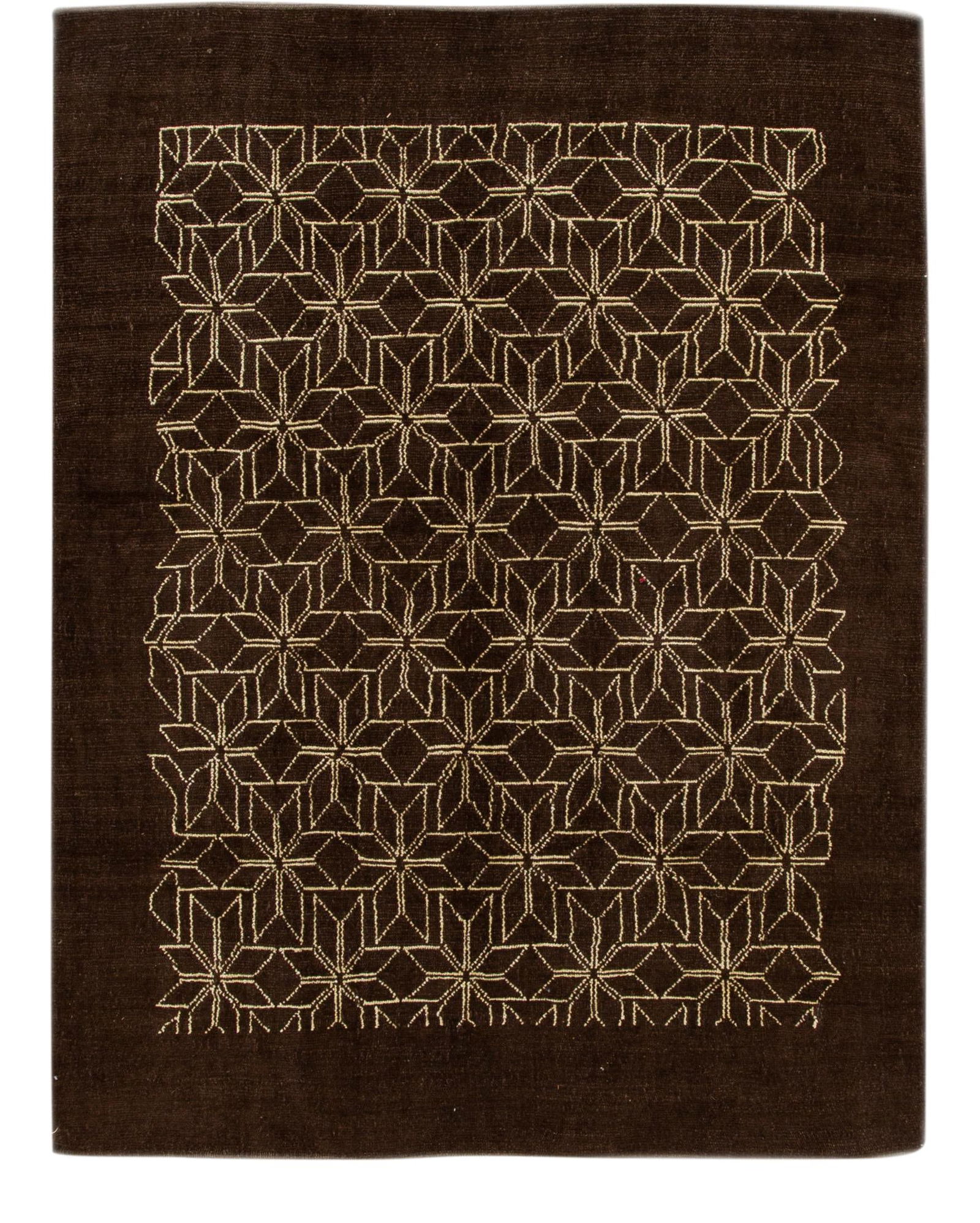 Handmade Brown Deco Geometric Floral Wool Rug 6'11 x 9'11: Handmade Brown Deco Geometric Floral Wool Rug 6'11 x 9'11 Enhance your living space with this exquisite Modern Deco-style hand-knotted wool rug. Featuring a beautiful beige field adorned with a stunni