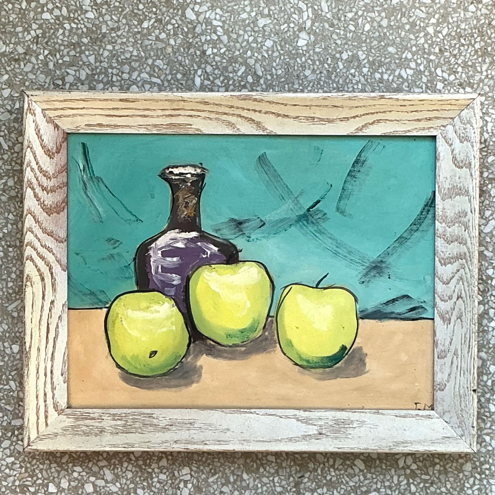 Vintage Boho Apples Still Life Oil Painting on Board 19x15: Vintage Boho Apples Still Life Oil Painting on Board 19x15 This vintage Boho still life artwork features a charming arrangement of apples, skillfully rendered in oil on board. The painting showcases v