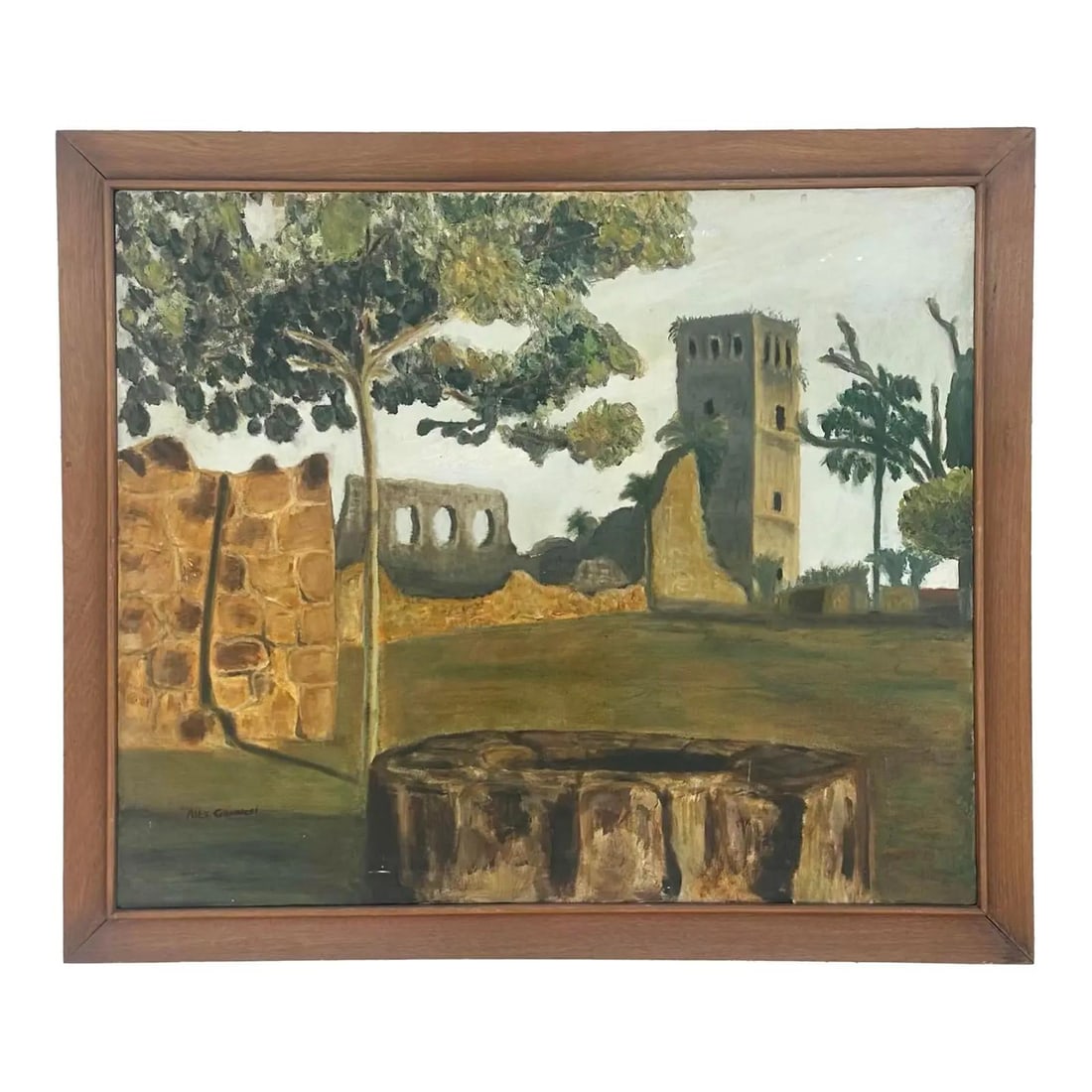 Framed Boho Landscape Scene Original Oil Artwork on Canvas: Framed Boho Landscape Scene Original Oil Artwork on Canvas This vintage original oil painting on canvas features a serene landscape scene with rustic ruins, lush trees, and a stone well. The piece is
