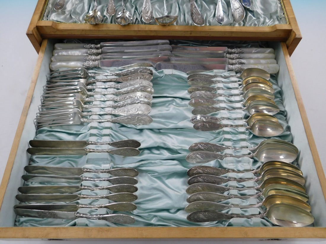 Whiting Japanese Sterling Silver Flatware Set 53 pc for 8 with Mother of Pearl Knives: Whiting Japanese Sterling Silver Flatware Set 53 pc for 8 with Mother of Pearl Knives Discover the elegance of the Japanese pattern Sterling Silver Flatware Set by Whiting Manufacturing Company, a rem