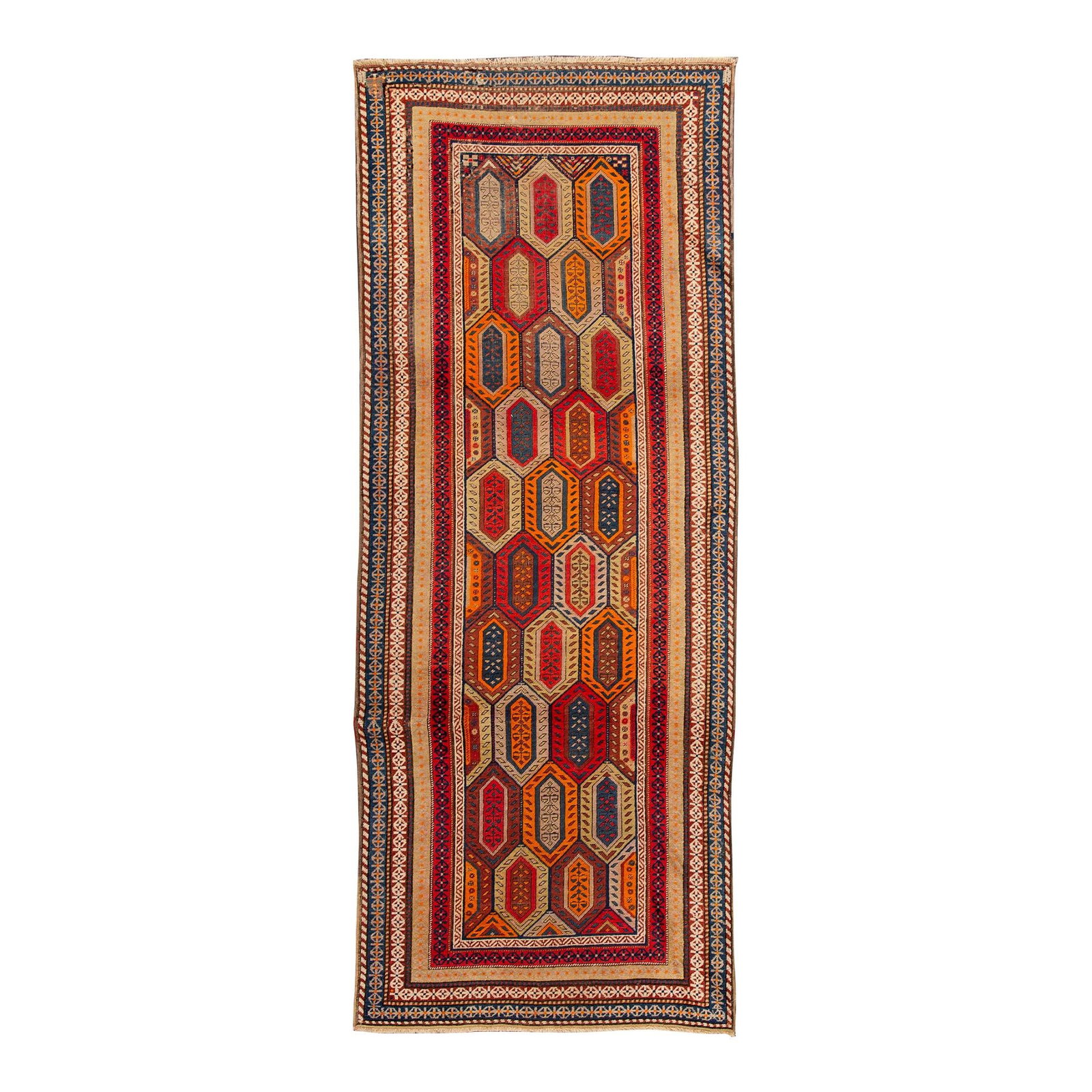 Vintage Turkish Geometric Wool Runner Red Blue Accents 3'9 x 9'1: Vintage Turkish Geometric Wool Runner Red Blue Accents 3'9 x 9'1 Enhance your space with this stunning vintage Turkish hand-knotted wool runner, featuring a vibrant red field complemented by a blue fr