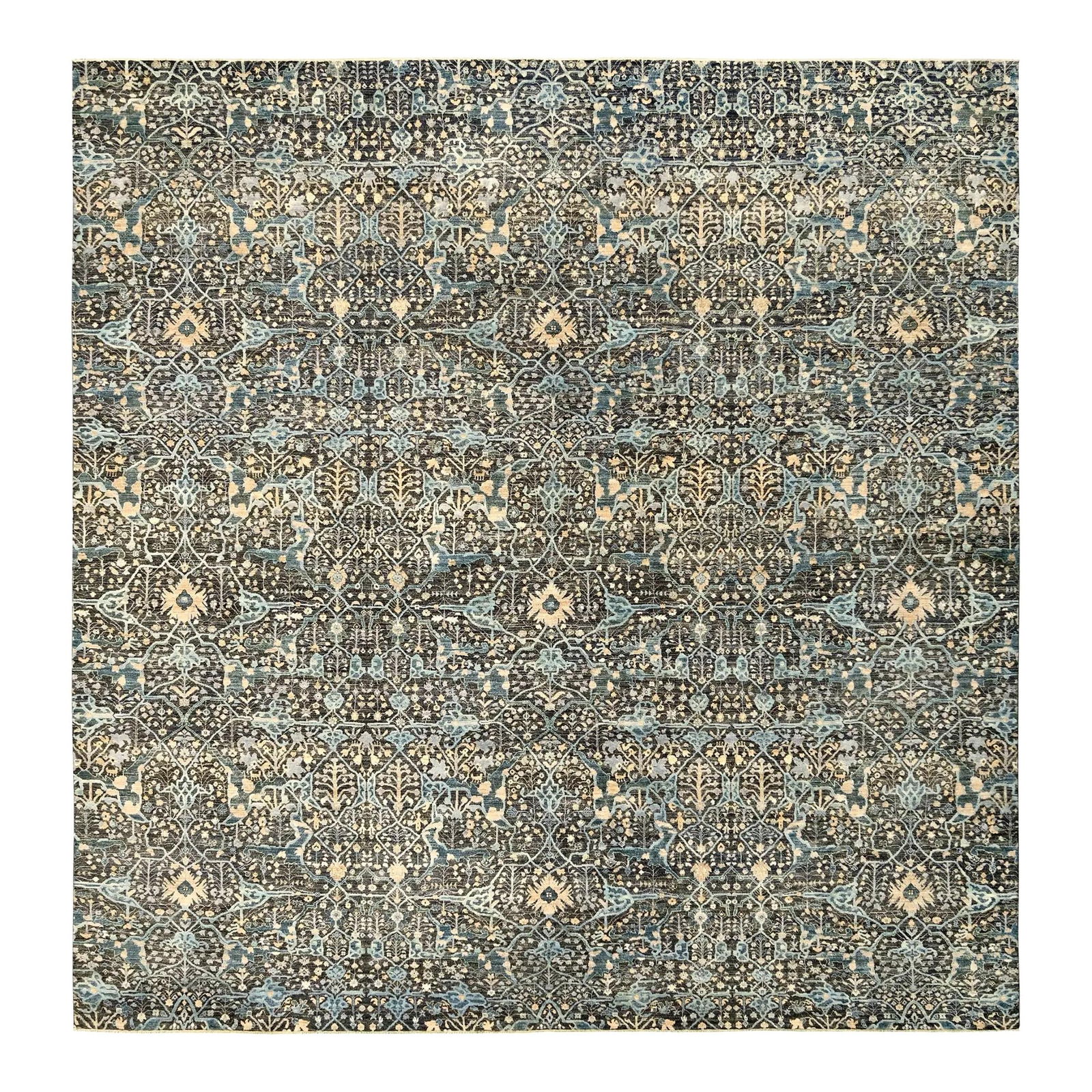 Handmade Contemporary Wool and Silk Rug Charcoal Floral Design 14x14: Handmade Contemporary Wool and Silk Rug Charcoal Floral Design 14x14 This exquisite Contemporary Transitional Handmade Rug combines the rich textures of wool and natural silk, showcasing a stunning ch