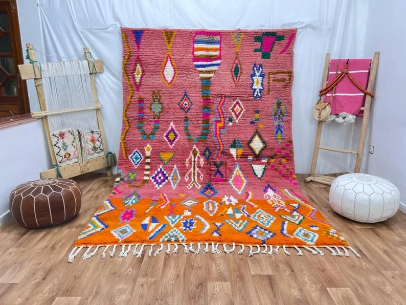 Authentic Handmade Colorful Wool Rug 9x5 Feet from Morocco: Authentic Handmade Colorful Wool Rug 9x5 Feet from Morocco This authentic handmade colorful wool rug is intricately handwoven by skilled Berber women weavers in the Atlas Mountains of Morocco. Crafted