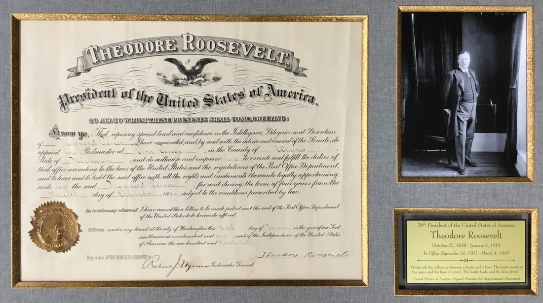 Theodore Roosevelt Signed Appointment Document Custom Framed JSA Authenticated: Theodore Roosevelt Signed Appointment Document Custom Framed JSA Authenticated This remarkable signed appointment document features the autograph of President Theodore Roosevelt, a true piece of histo