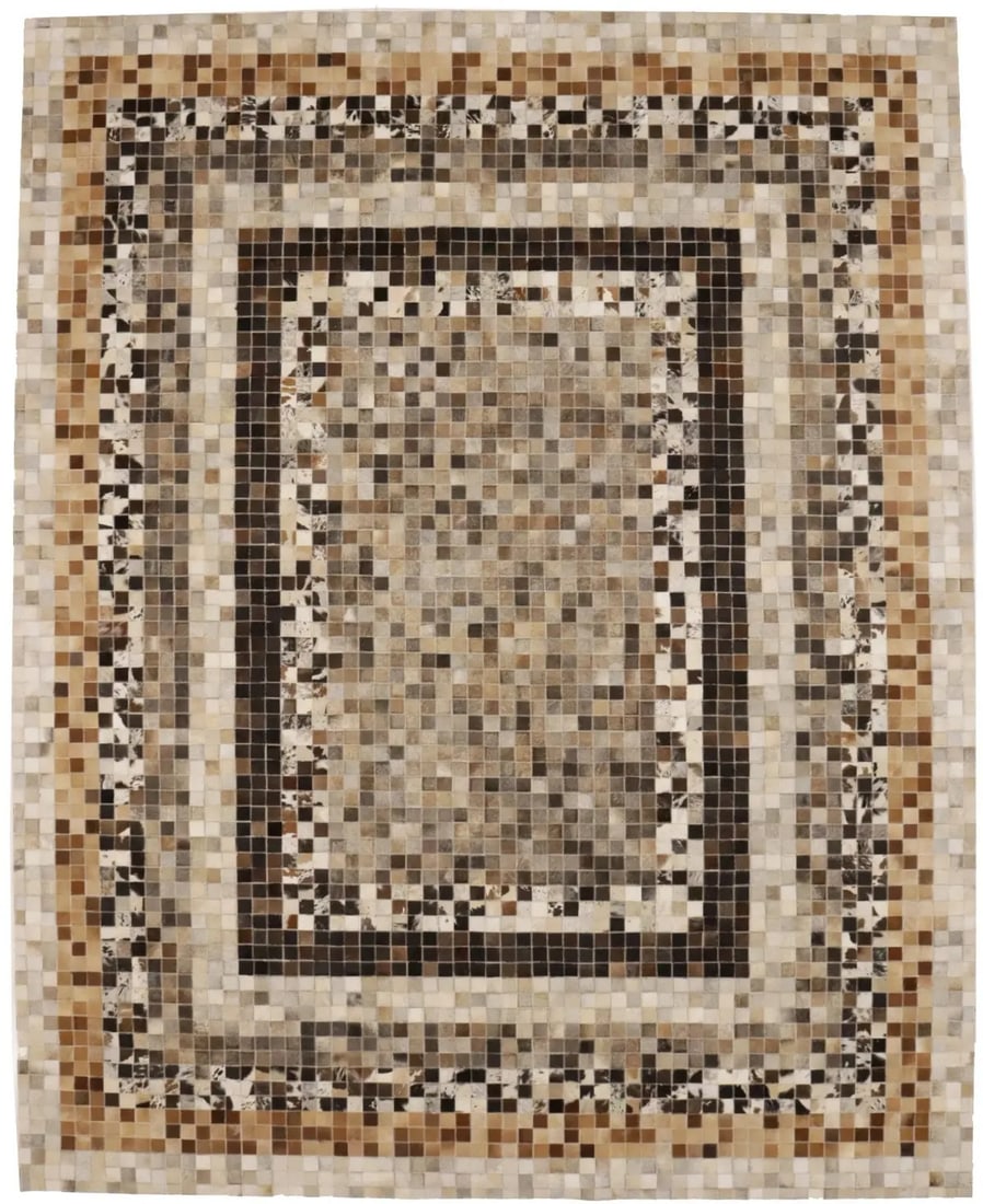 Handcrafted Multicolored Leather Area Rug 8'0 x 10'0 Modern Geometric Pattern: Handcrafted Multicolored Leather Area Rug 8'0 x 10'0 Modern Geometric Pattern This contemporary area rug features a multicolored geometric pattern crafted from genuine cowhide leather. Handcrafted in