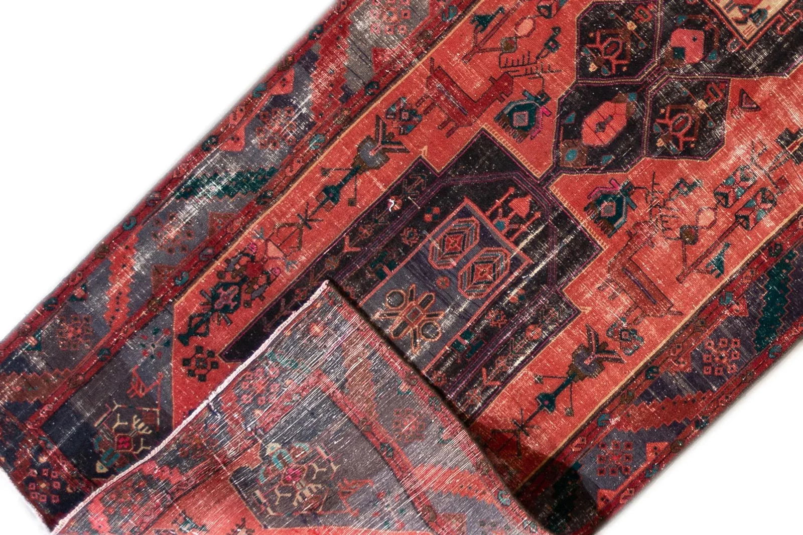 Vintage Persian Handmade Wool Runner Red Geometric Design 3'07 x 16'10: Vintage Persian Handmade Wool Runner Red Geometric Design 3'07 x 16'10 This stunning vintage Persian runner features a distressed hand-knotted wool construction, showcasing a vibrant red field adorned