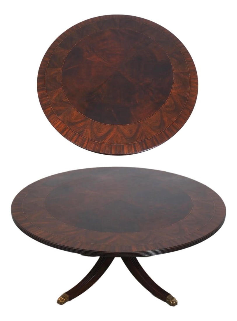Round Mahogany Cocktail Table with Satinwood Inlay and Duncan Phyfe Pedestal: Round Mahogany Cocktail Table with Satinwood Inlay and Duncan Phyfe Pedestal This Henkel Harris round cocktail table features a figural mahogany top with intricate satinwood inlay, showcasing high-qua