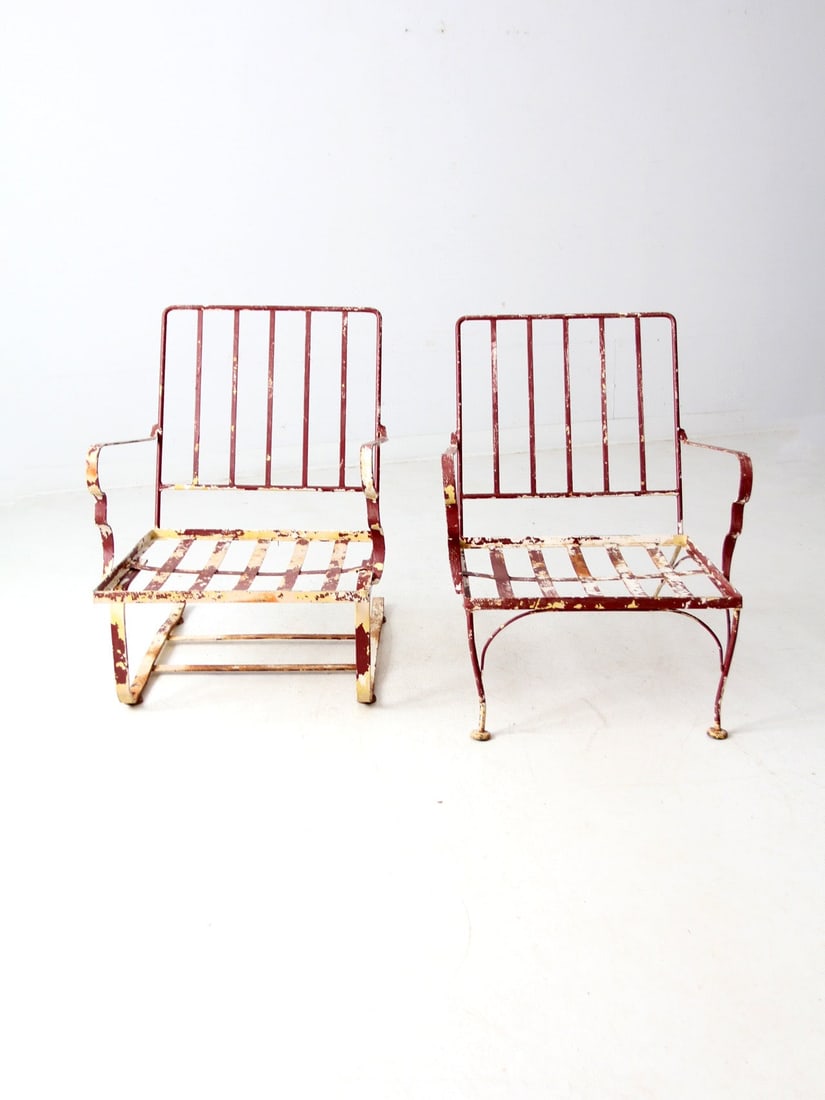 Mid-Century Wrought Iron Patio Chair Set with Rocker Lounge: Mid-Century Wrought Iron Patio Chair Set with Rocker Lounge Enhance your outdoor living space with this stylish pair of mid-century wrought iron patio chairs, featuring a cantilever rocker and a match