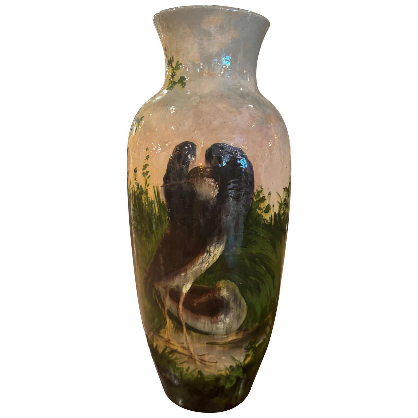 19th Century Montigny French Hand Painted Barbotine Vase 16.5": 19th Century Montigny French Hand Painted Barbotine Vase 16.5" This exquisite 19th Century French Hand Painted Barbotine Faience Vase, crafted circa 1880 in Montigny sur Loing, France, features a tall