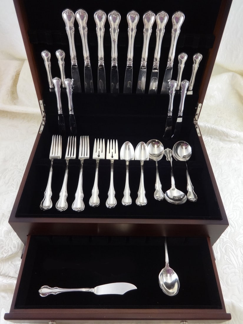 Towle French Provincial Sterling Silver Flatware Set 50 Pieces with Storage Chest: Towle French Provincial Sterling Silver Flatware Set 50 Pieces with Storage Chest Enhance your dining experience with this exquisite French Provincial Sterling Silver Flatware Set by Towle, featuring
