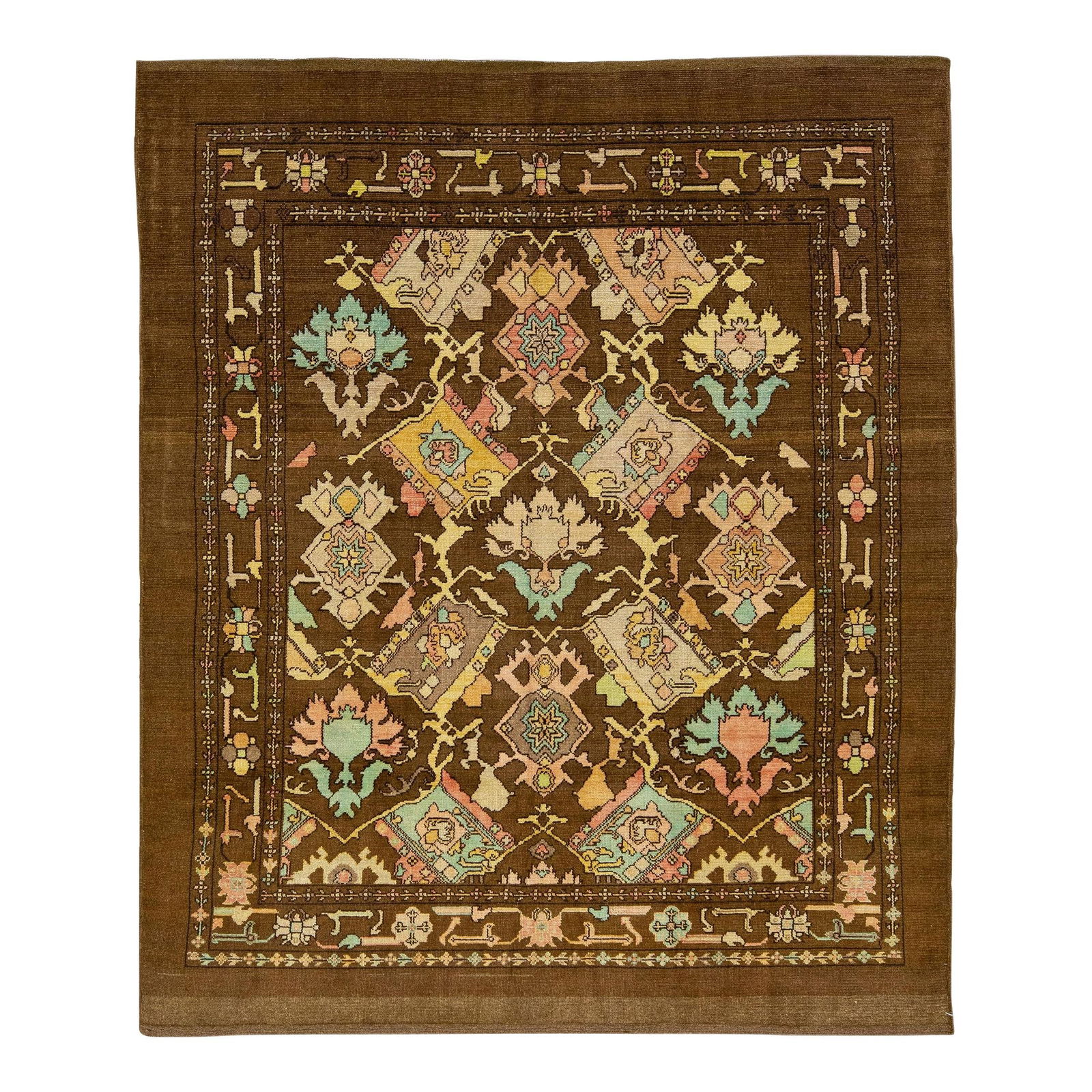 Handmade Mid-Century Modern Brown Floral Wool Rug 7'8 x 9'2: Handmade Mid-Century Modern Brown Floral Wool Rug 7'8 x 9'2 This exquisite Mid-Century Modern style rug showcases a beautiful floral pattern inspired by 19th-century regional artisans. Handcrafted fro