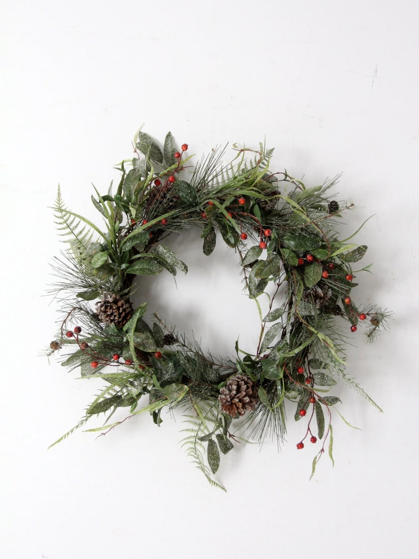 Vintage 27 x 26 Inch Twig-Frame Christmas Wreath with Faux Greenery: Vintage 27 x 26 Inch Twig-Frame Christmas Wreath with Faux Greenery Enhance your holiday decor with this Vintage Twig-Frame Christmas Wreath. Crafted on a natural twig frame, this wreath is beautifull