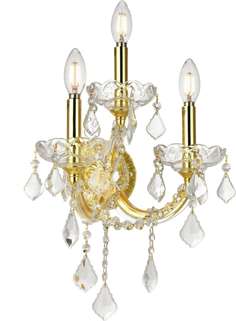 Artistry Maria Theresa 3 Light Gold Wall Sconce with K9 Crystals: Artistry Maria Theresa 3 Light Gold Wall Sconce with K9 Crystals Elevate your space with the exquisite Maria Theresa 3-Light Wall Sconce, a stunning addition that combines traditional elegance with mo