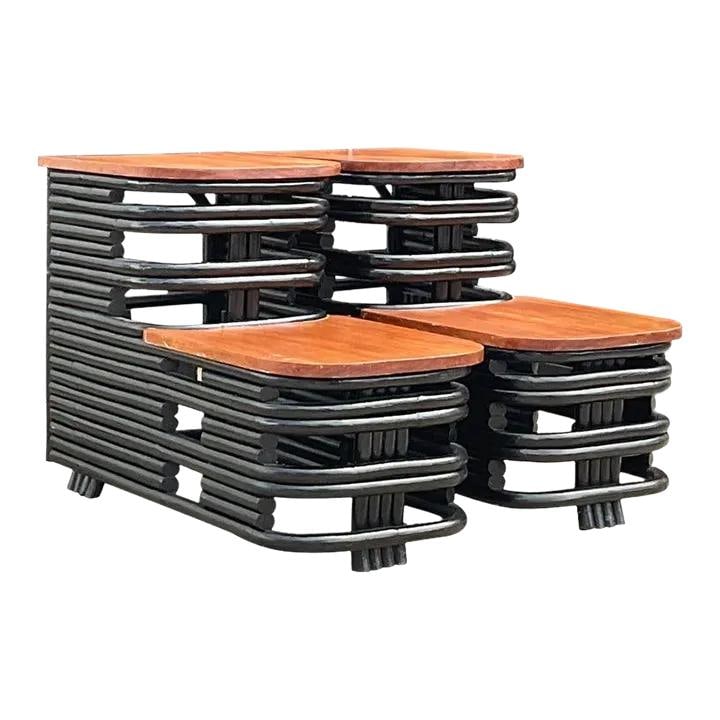 Vintage Paul Frankl Style Rattan End Tables Pair Black Finish: Vintage Paul Frankl Style Rattan End Tables Pair Black Finish This stunning pair of vintage end tables showcases a design inspired by the iconic Paul Frankl. Featuring a sophisticated matte black pain