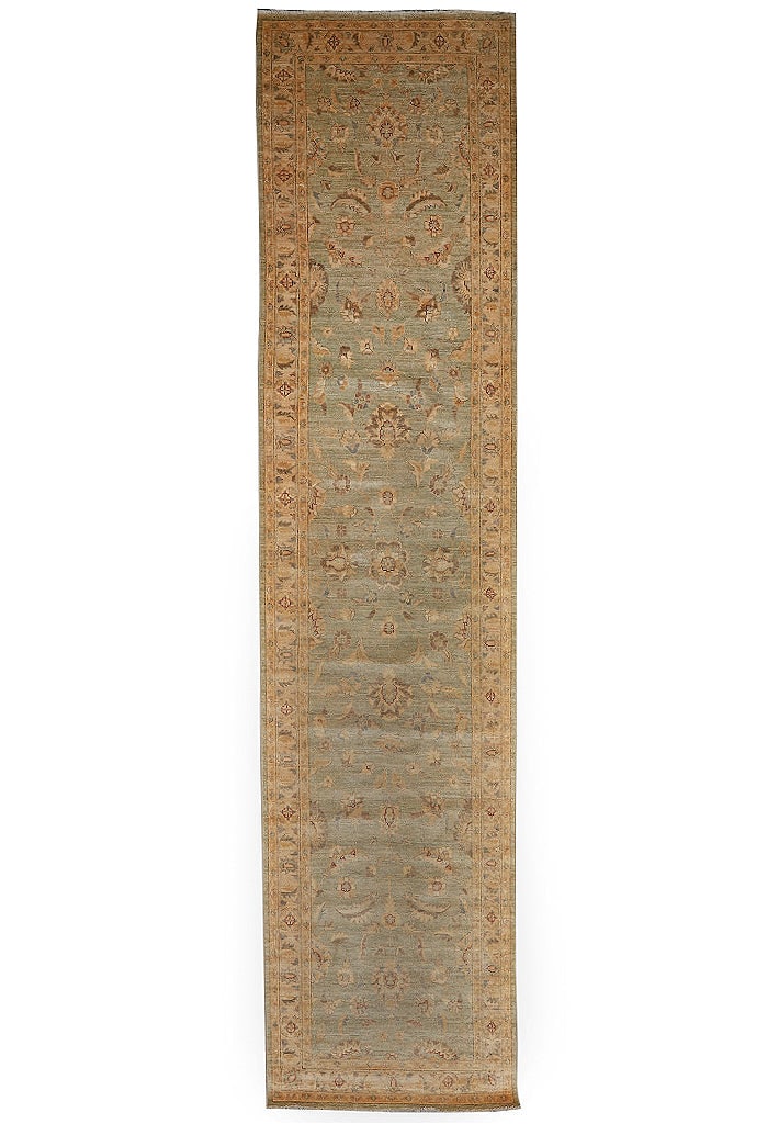 4.1 x 17.5 Handmade Chobi Peshawar Runner Rug in Washout Sage Green: 4.1 x 17.5 Handmade Chobi Peshawar Runner Rug in Washout Sage Green Free continental US Shipping This exquisite handmade Chobi Peshawar runner rug boasts a long and wide design, perfect for adding ele