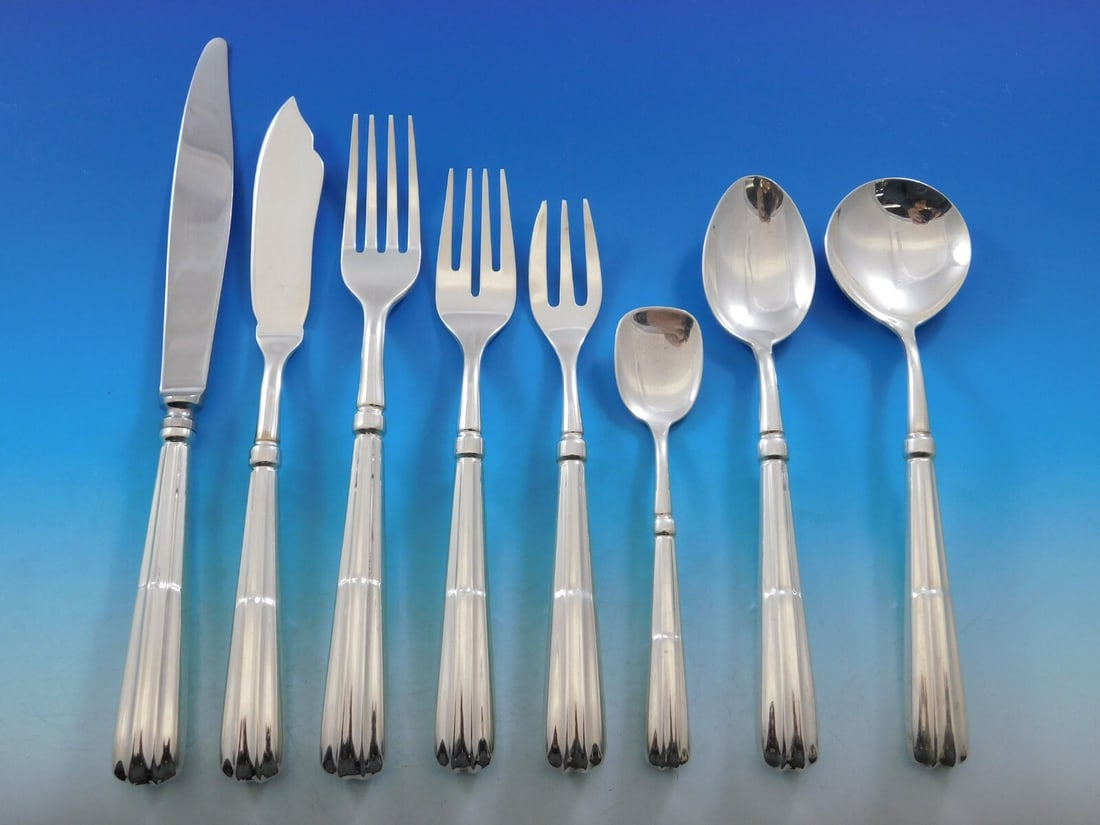 Calegaro Monte Napleone Sterling Silver Flatware Set 118 pcs Italy: Calegaro Monte Napleone Sterling Silver Flatware Set 118 pcs Italy Elevate your dining experience with this exquisite Monte Napleone flatware set designed by Calegaro and crafted in Italy. This stunni
