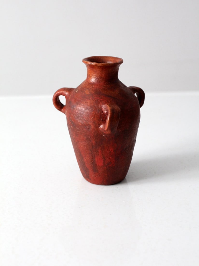 Vintage Three Handled Pottery Vase 6.75 Inch Red Clay (1 of 11)