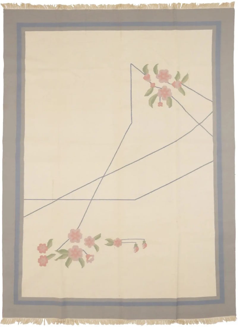 Large Hand-Woven Floral Dhurrie Rug 8'8 x 12' Modern Wool Eco-Friendly: Large Hand-Woven Floral Dhurrie Rug 8'8 x 12' Modern Wool Eco-Friendly Enhance your living space with this Large Contemporary Floral Dhurrie Rug, expertly hand-woven in India. Measuring 8'8" x 12'0",