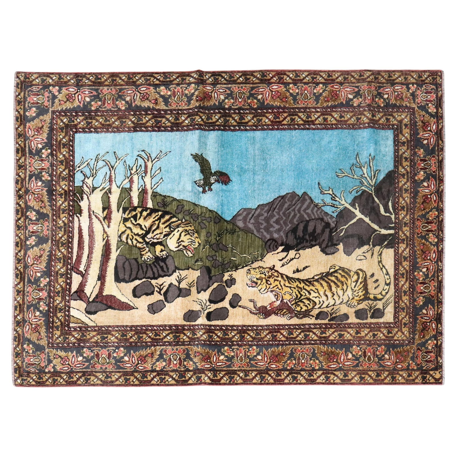 Unique Zabihi Afghan Cheetah Design Cotton Silk Folk Art Rug: Unique Zabihi Afghan Cheetah Design Cotton Silk Folk Art Rug Discover the exquisite Zabihi Collection Afghan Cheetah Pictorial Cotton Silk Rug, a unique piece showcasing a striking design of two cheet