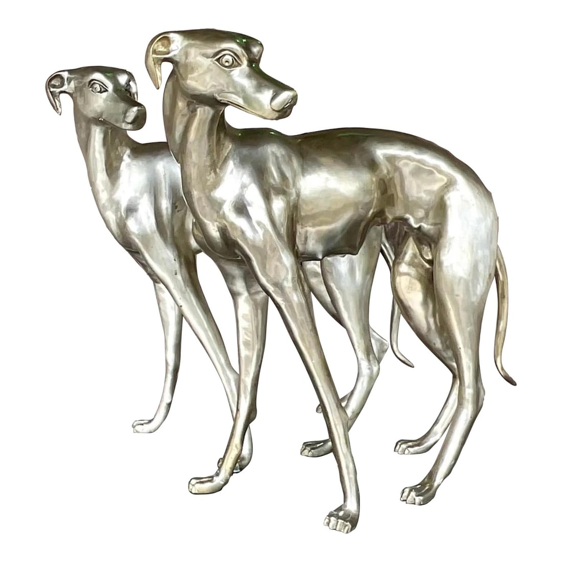 Vintage Boho White Brass Life-Size Dog Sculptures - Pair: Vintage Boho White Brass Life-Size Dog Sculptures - Pair Presenting a stunning pair of vintage Boho life-size dogs, crafted from chic white brass featuring a beautiful matte finish. These tall and imp