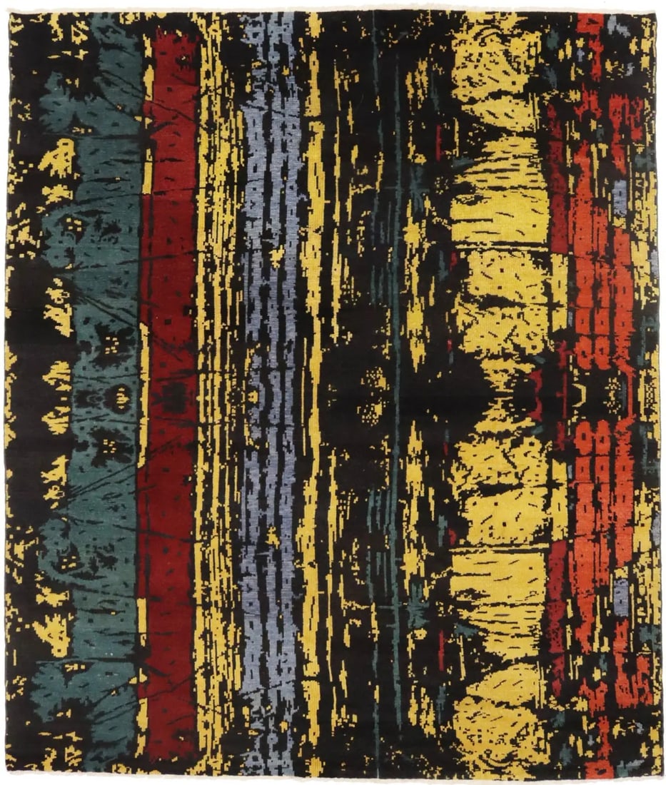 8'5 x 9'9 Hand-Knotted Wool Abstract Modern Area Rug Multicolored: 8'5 x 9'9 Hand-Knotted Wool Abstract Modern Area Rug Multicolored This is a handmade contemporary modern area rug featuring an abstract multicolored design. Crafted using hand-knotted wool, the rug ha