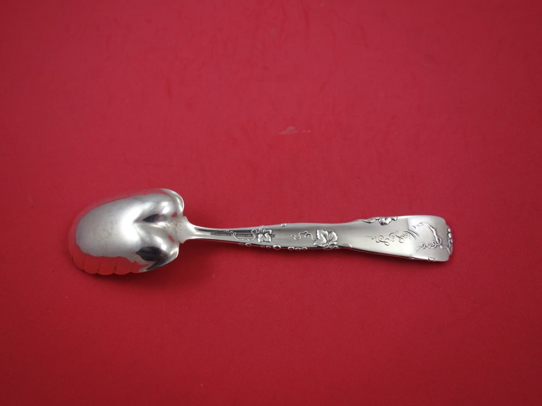 Tiffany Vine Sterling Silver Berry Spoon Leaf Bowl with Certificate: Tiffany Vine Sterling Silver Berry Spoon Leaf Bowl with Certificate This exquisite Berry Spoon from the Vine pattern by Tiffany & Co. showcases a stunning leaf-shaped bowl and a handle adorned with a