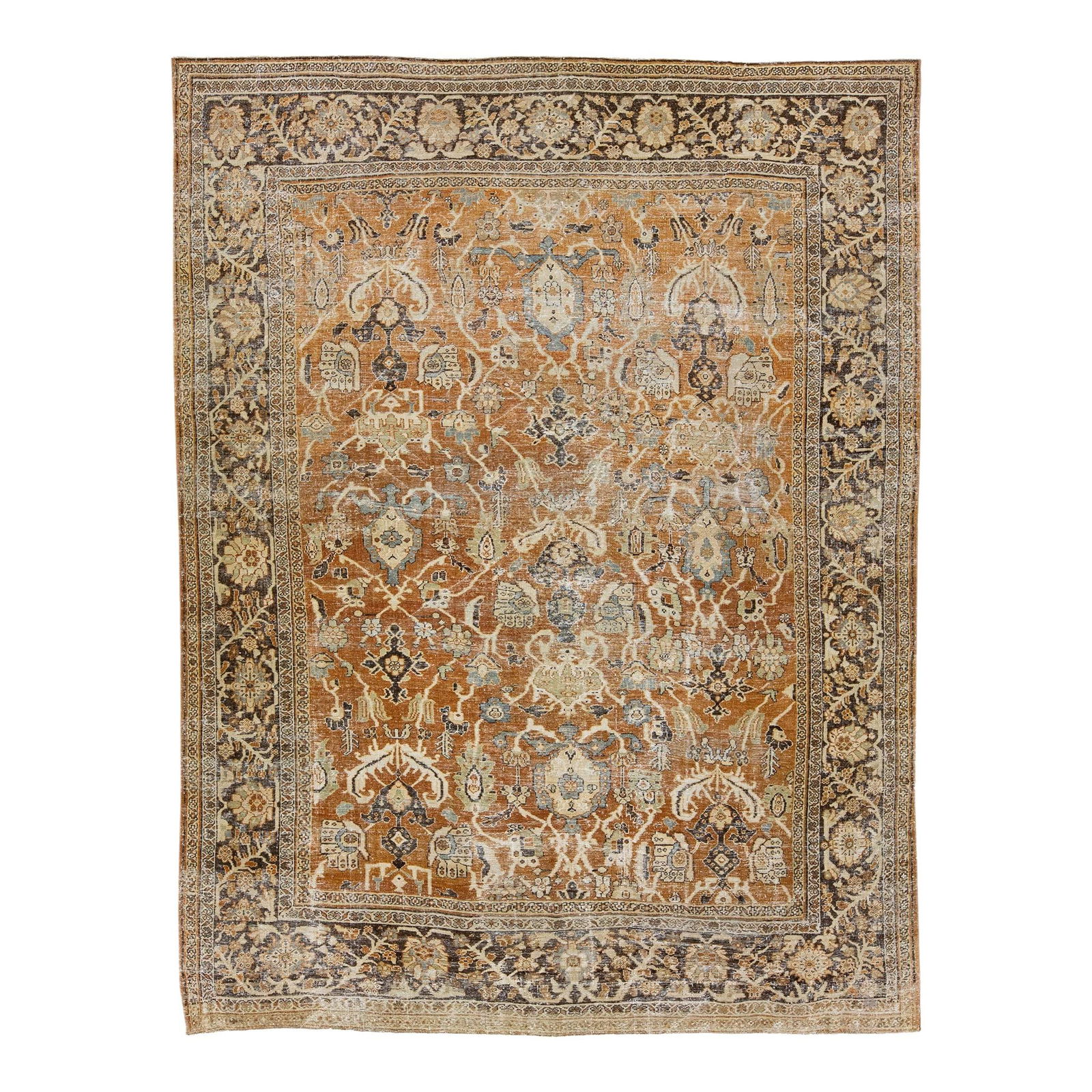 Antique Mahal Handmade Wool Rug 10'6 x 14 Floral Design Rust Color: Antique Mahal Handmade Wool Rug 10'6 x 14 Floral Design Rust Color Discover the charm of this exquisite Antique Mahal hand-knotted wool rug, featuring a rich rust-colored field complemented by a brown
