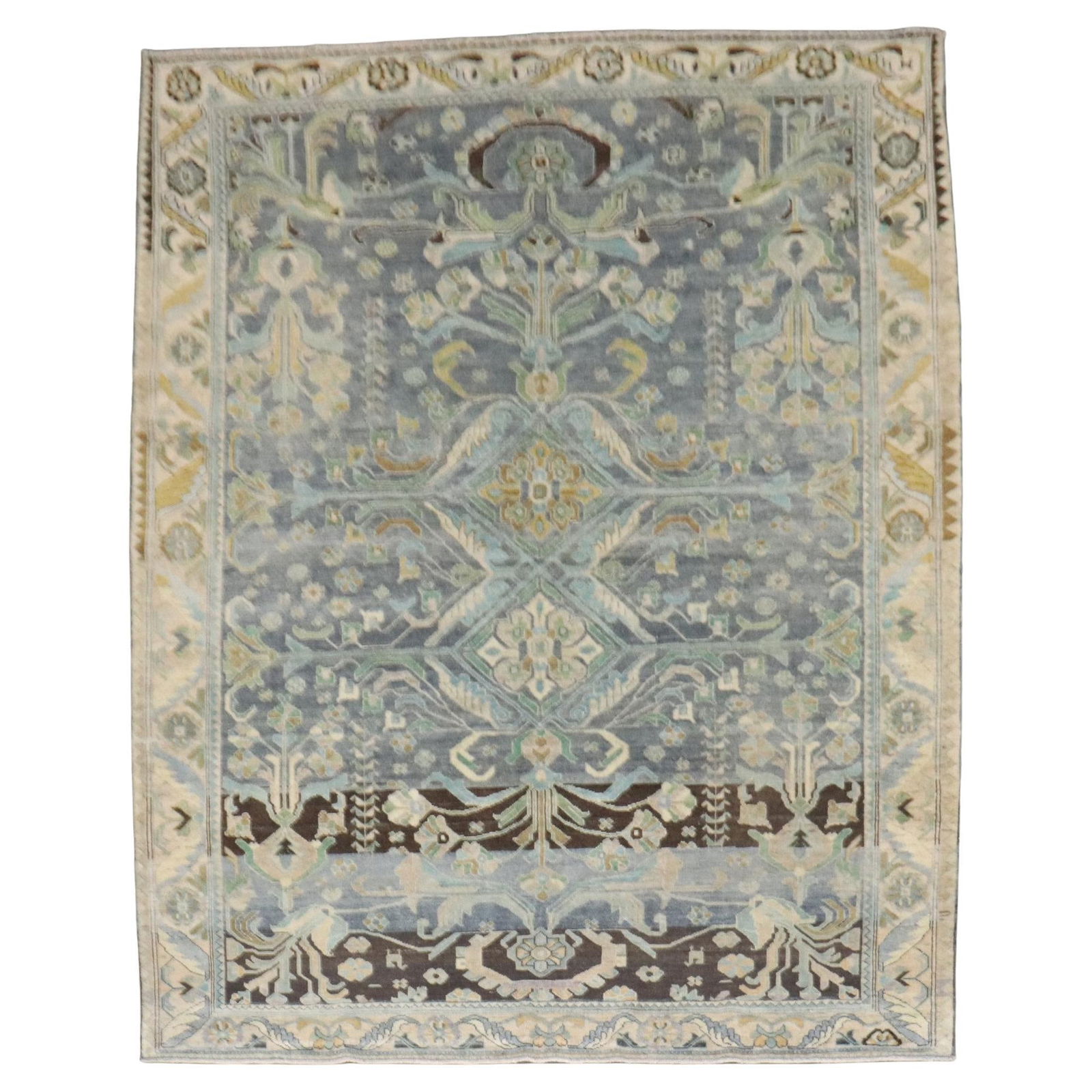 Zabihi Collection Malayer Hand-Knotted Persian Rug 89 x 107: Zabihi Collection Malayer Hand-Knotted Persian Rug 89 x 107 This exquisite Zabihi Collection Northwest Persian square room size rug features a captivating blend of blues and greens, showcasing the art