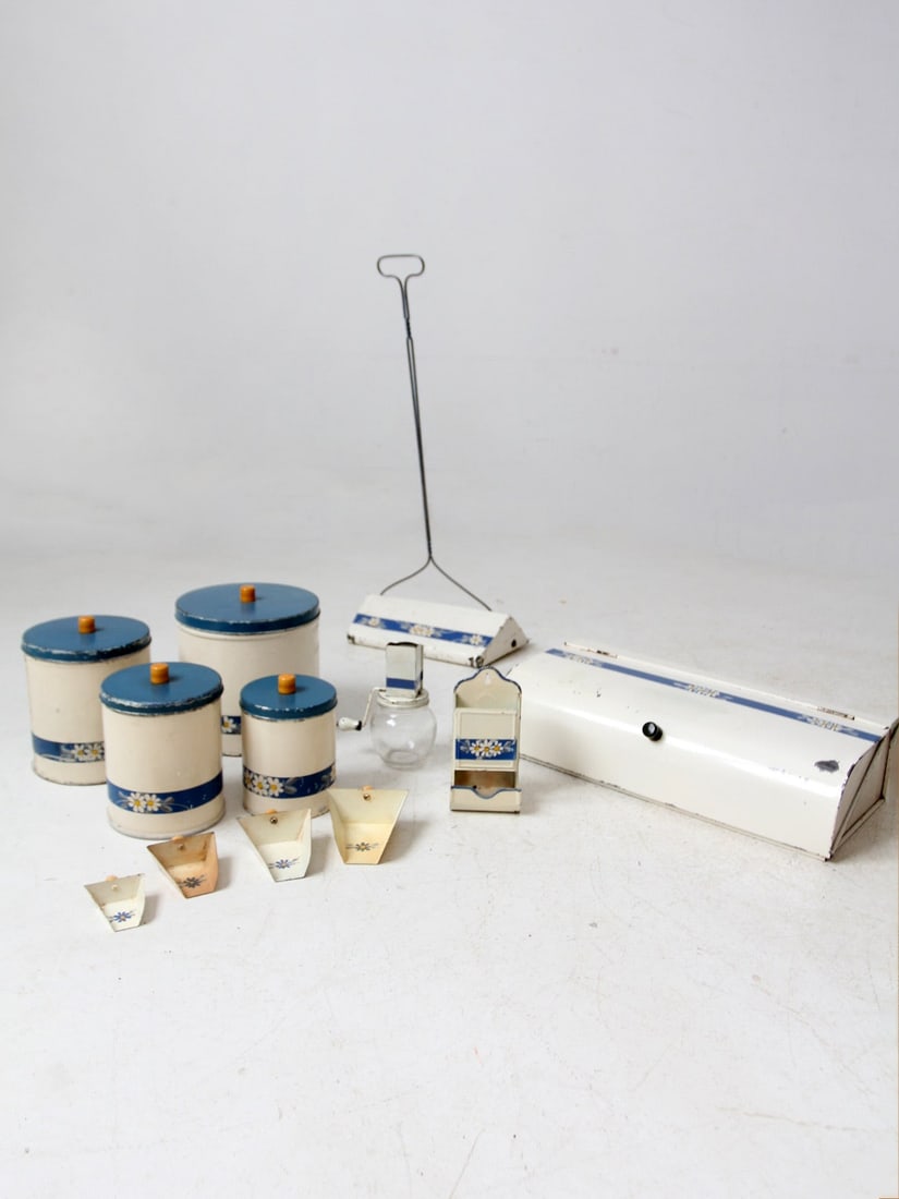 Vintage Kitchen Beautilities Enamel Set 1930s 1940s Farmhouse Charm: Vintage Kitchen Beautilities Enamel Set 1930s 1940s Farmhouse Charm Enhance your kitchen with this charming vintage Kitchen Beautilities enamelware collection from the 1930s-1940s. Originating from Ka