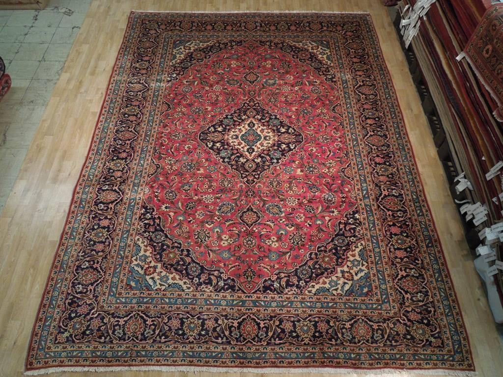 Handmade 9.9x13.9 Red Blue Persian Kashan Rug Premium Wool Silk: Handmade 9.9x13.9 Red Blue Persian Kashan Rug Premium Wool Silk Free continental US Shipping Enhance your home decor with the stunning 9.9 x 13.9 Red Blue Classic Persian Kashan Rug, a beautiful testa